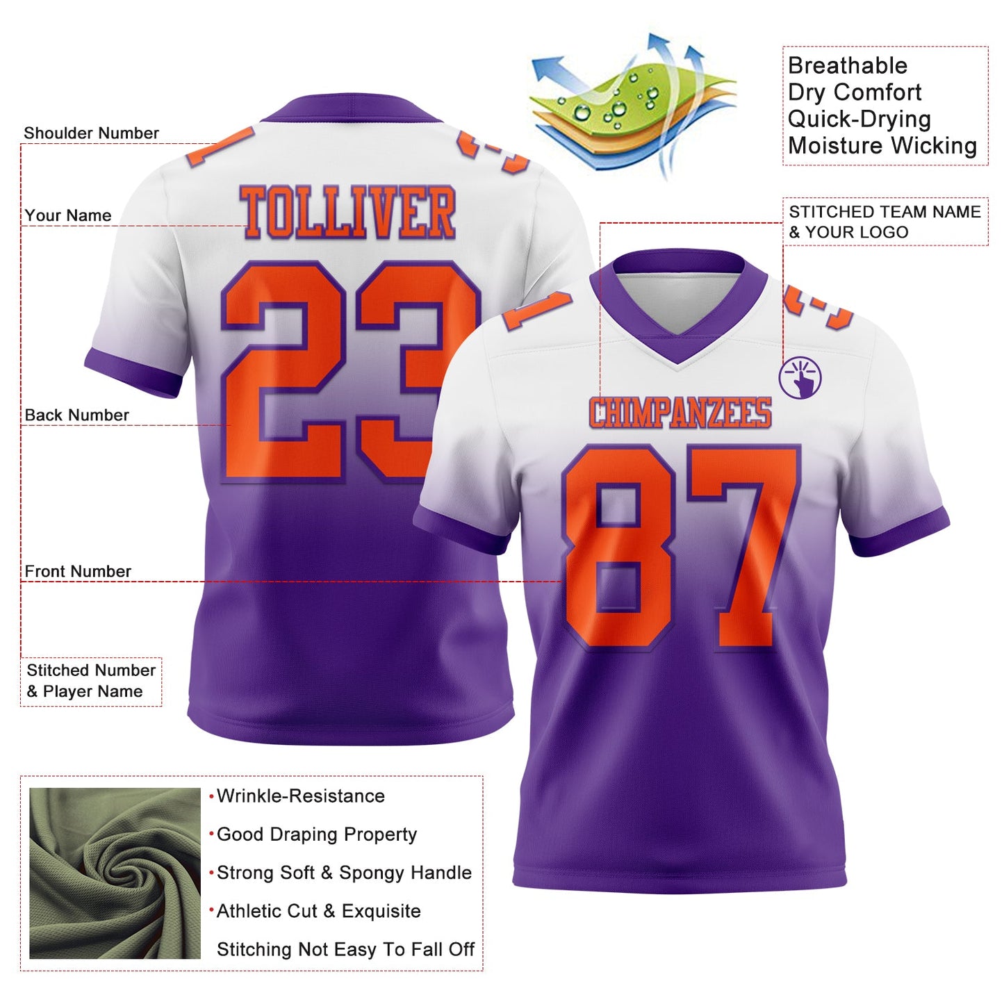 Custom White Orange-Purple Authentic Fade Fashion Football Jersey view 2