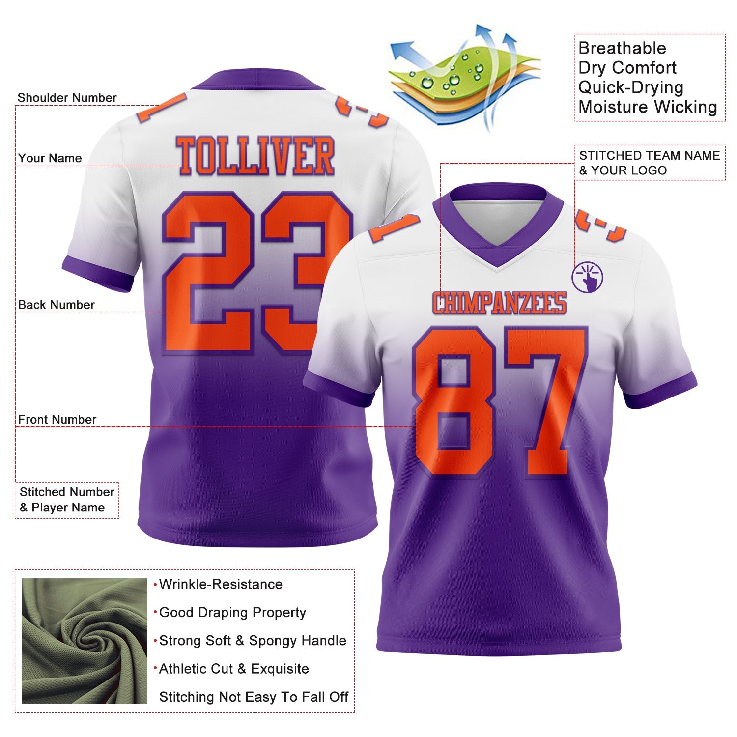 Custom White Orange-Purple Authentic Fade Fashion Football Jersey view 2