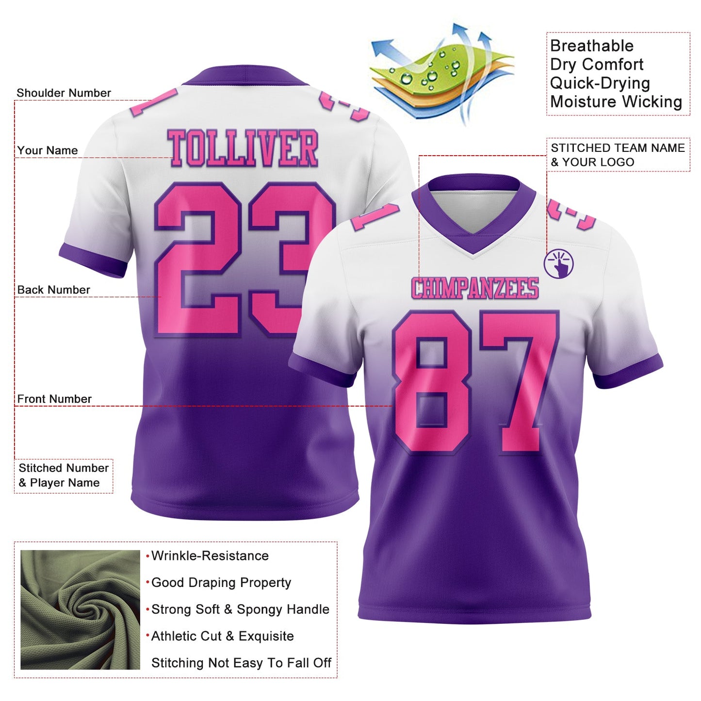 Custom White Pink-Purple Authentic Fade Fashion Football Jersey view 2