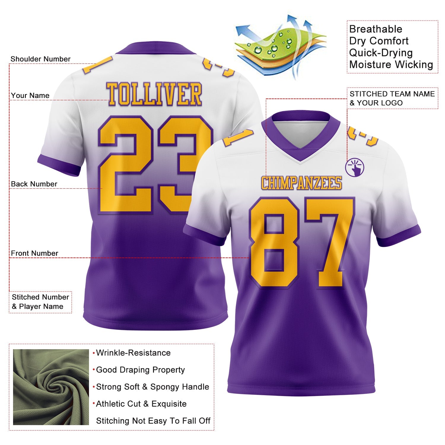 Custom White Gold-Purple Authentic Fade Fashion Football Jersey view 2