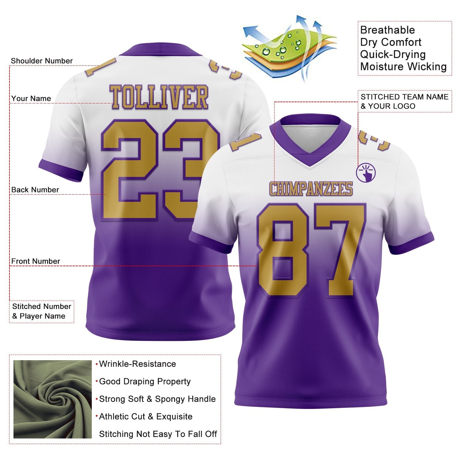 Custom White Old Gold-Purple Authentic Fade Fashion Football Jersey view 2