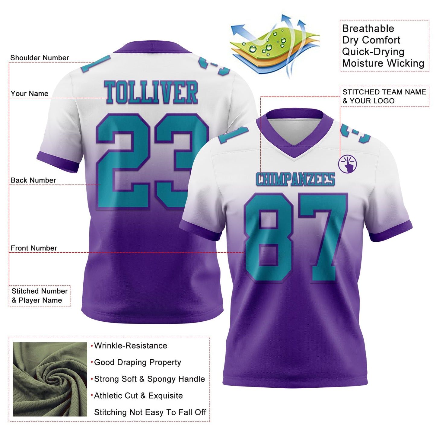 Custom White Teal-Purple Authentic Fade Fashion Football Jersey view 2