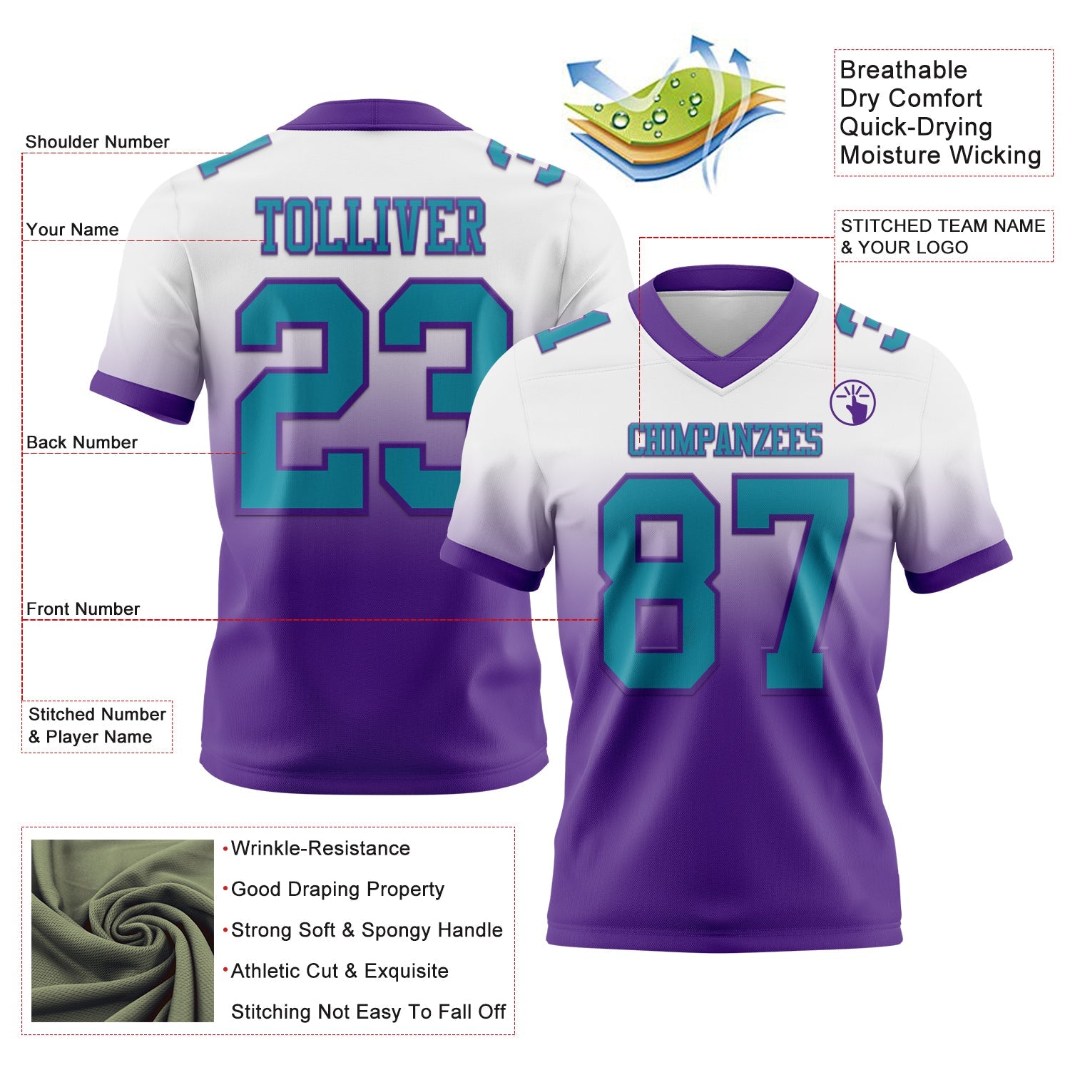 Custom White Teal-Purple Authentic Fade Fashion Football Jersey view 2