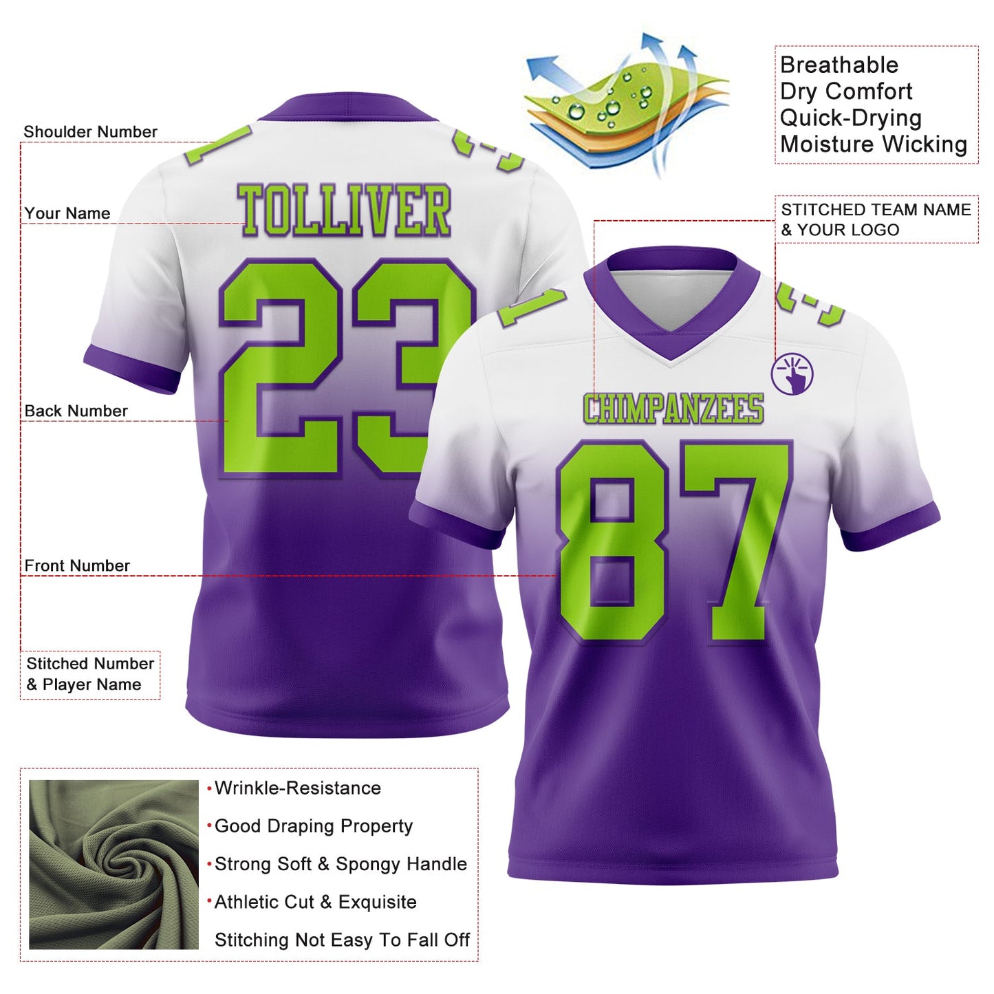Custom White Neon Green-Purple Authentic Fade Fashion Football Jersey view 2