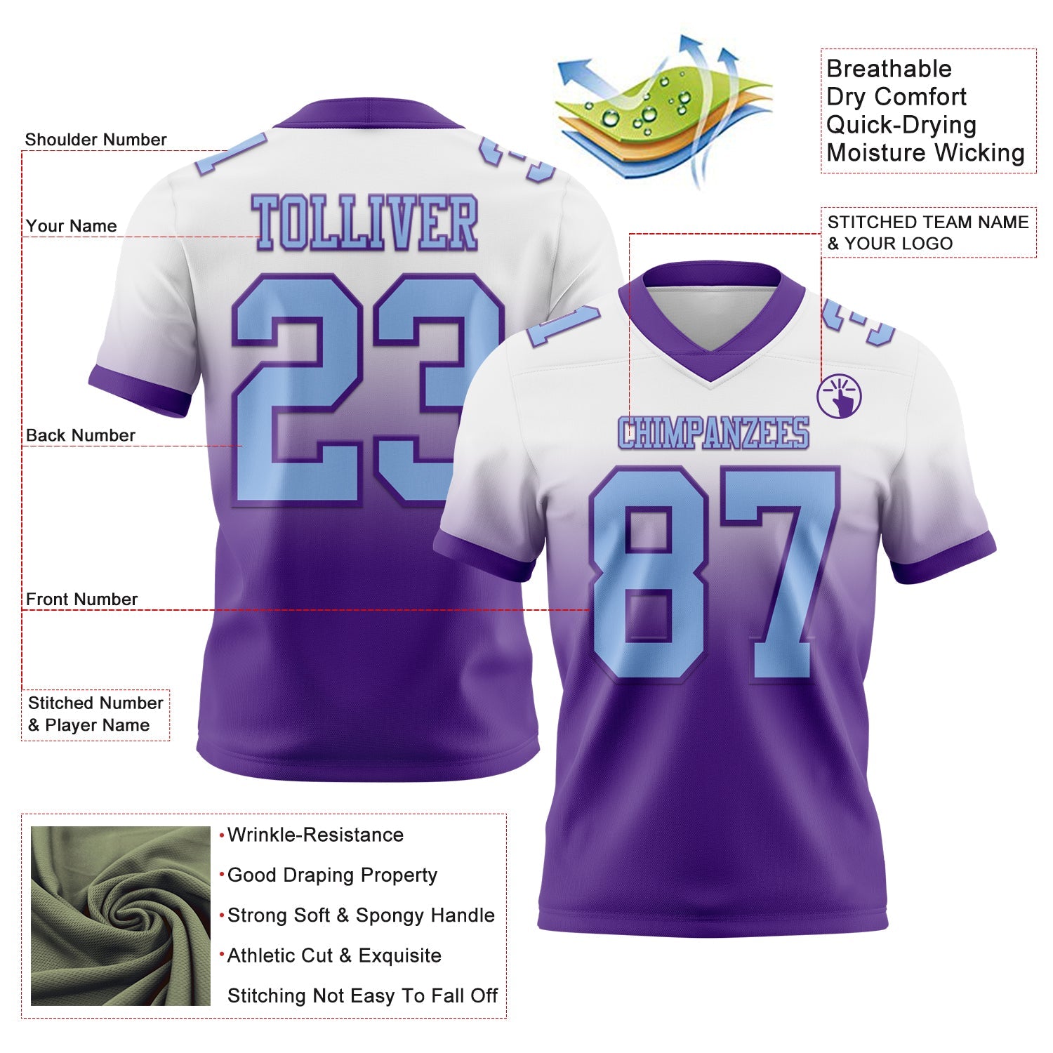 Custom White Light Blue-Purple Authentic Fade Fashion Football Jersey view 2