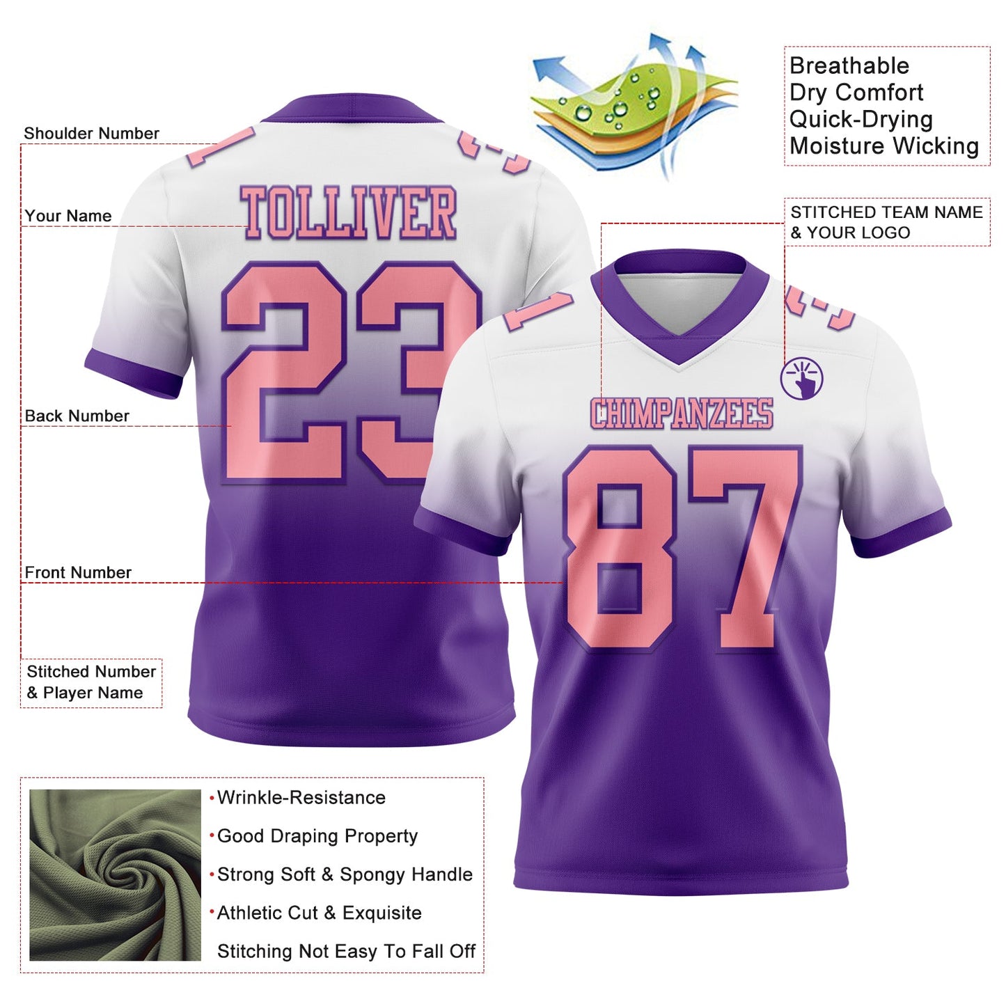 Custom White Medium Pink-Purple Authentic Fade Fashion Football Jersey view 2