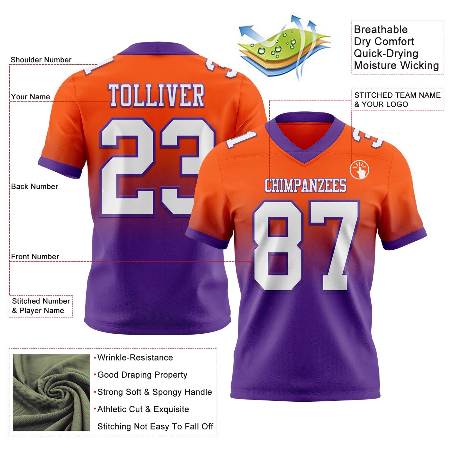 Custom Orange White-Purple Authentic Fade Fashion Football Jersey view 2
