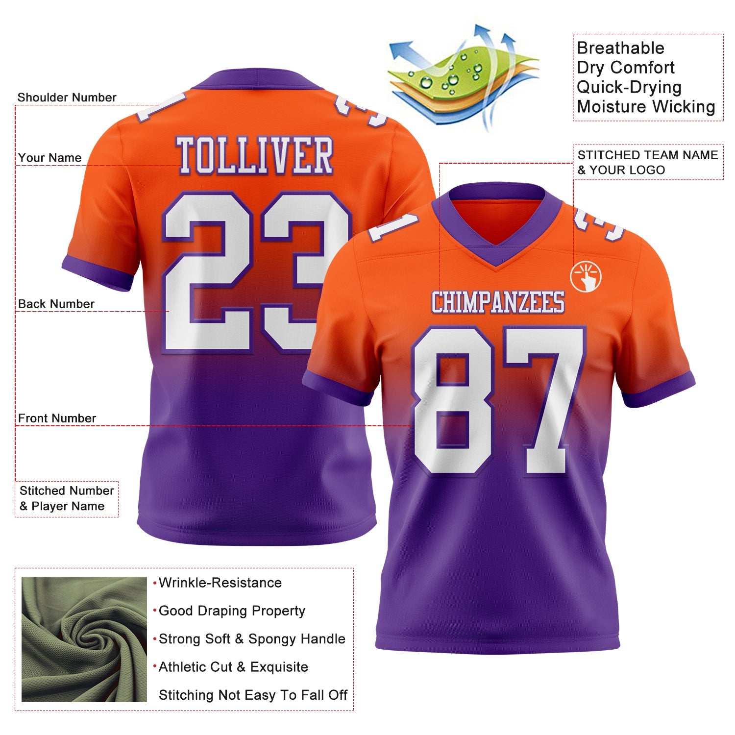 Custom Orange White-Purple Authentic Fade Fashion Football Jersey view 2