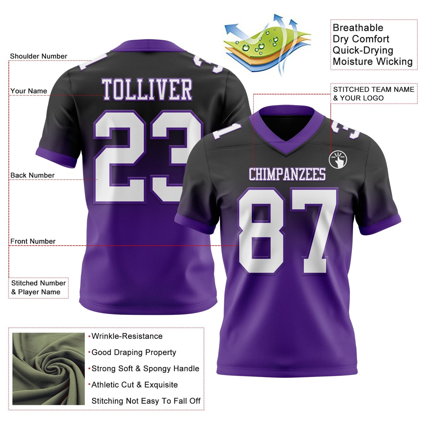 Custom Black White-Purple Authentic Fade Fashion Football Jersey view 2