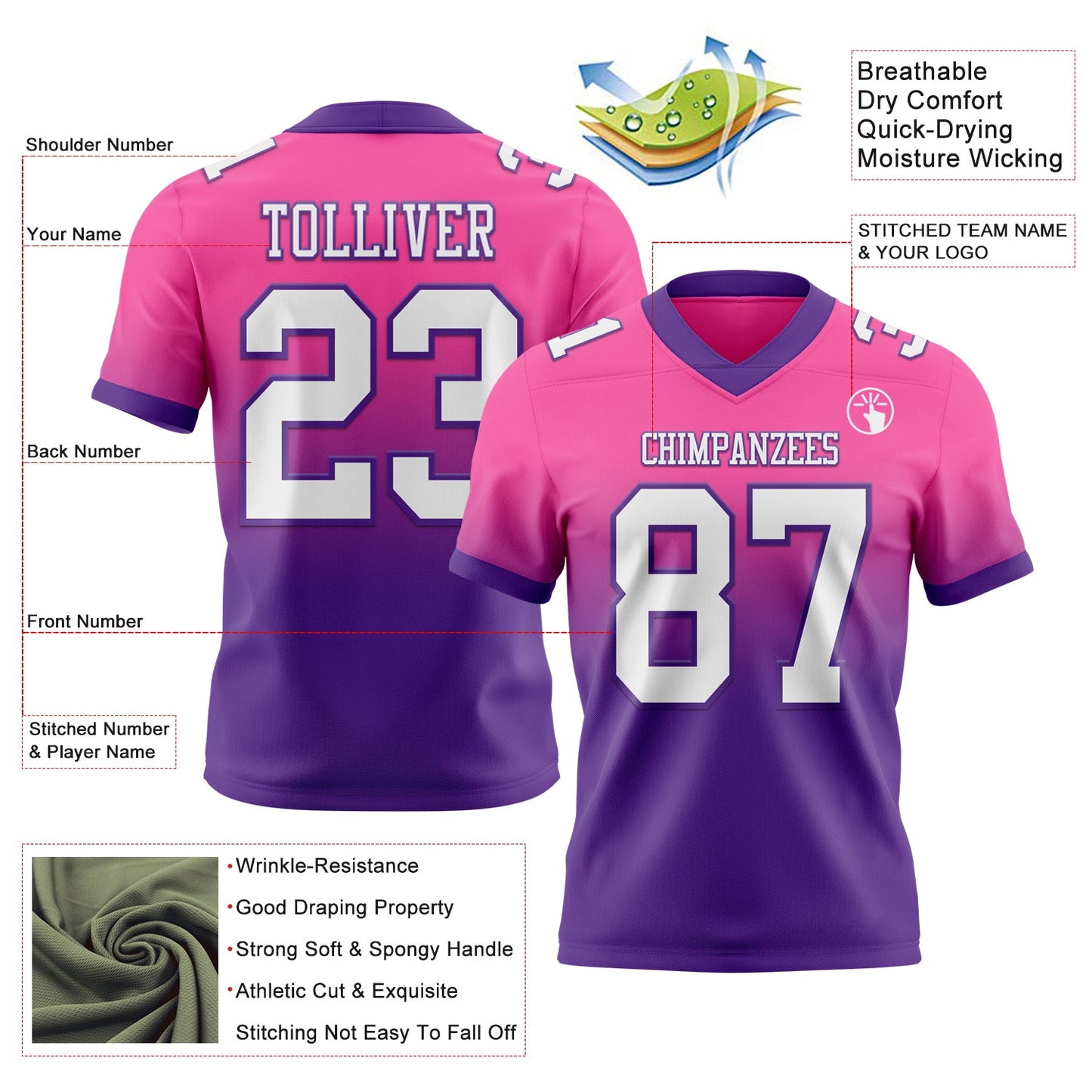 Custom Pink White-Purple Authentic Fade Fashion Football Jersey view 2