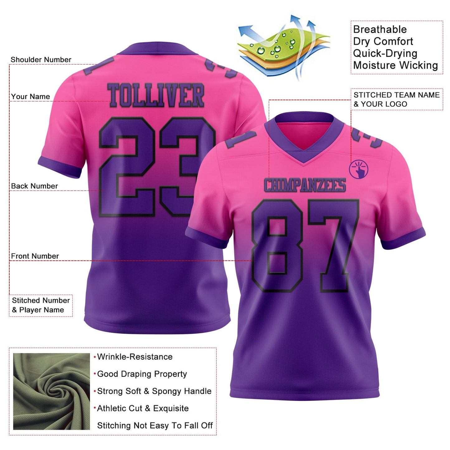 Custom Pink Purple-Black Authentic Fade Fashion Football Jersey view 2