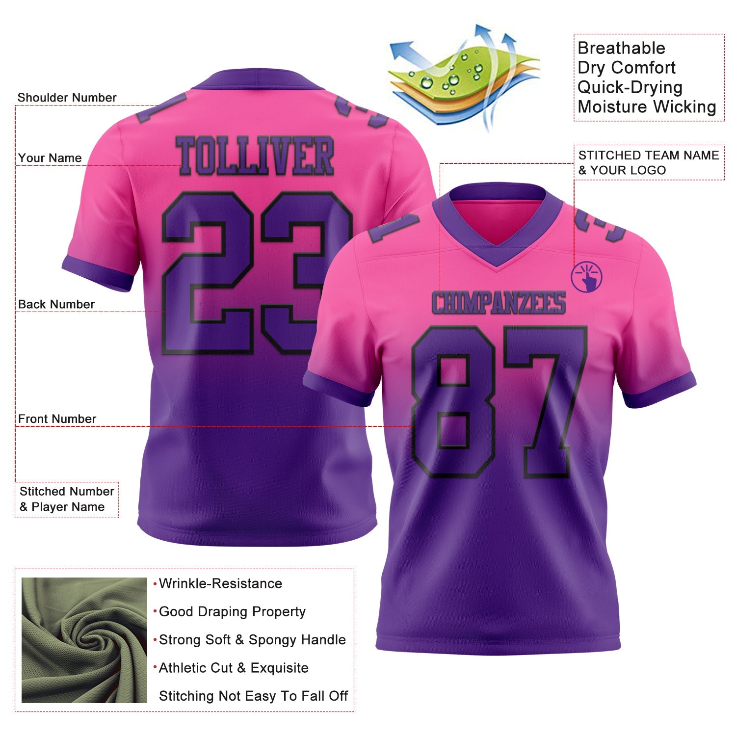 Custom Pink Purple-Black Authentic Fade Fashion Football Jersey view 2