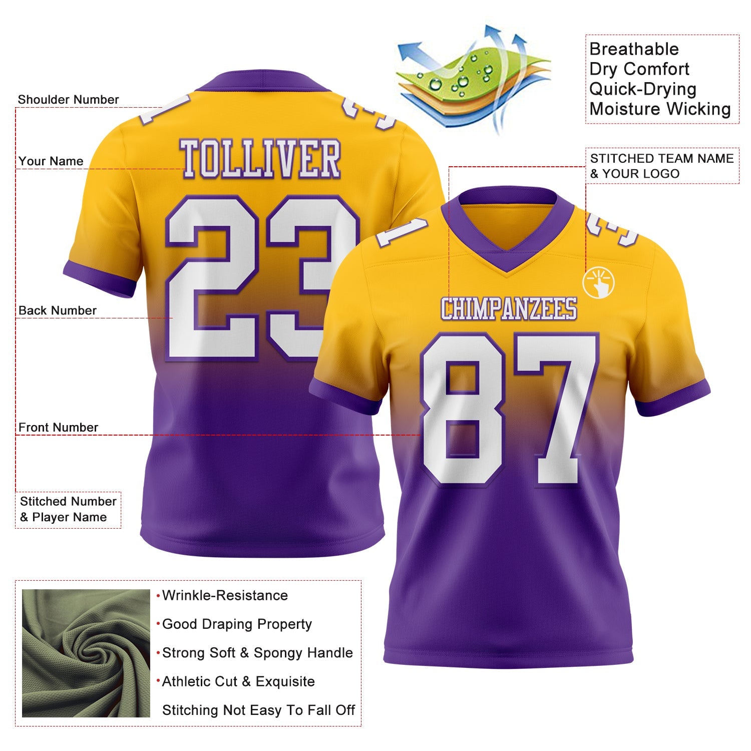 Custom Gold White-Purple Authentic Fade Fashion Football Jersey view 2