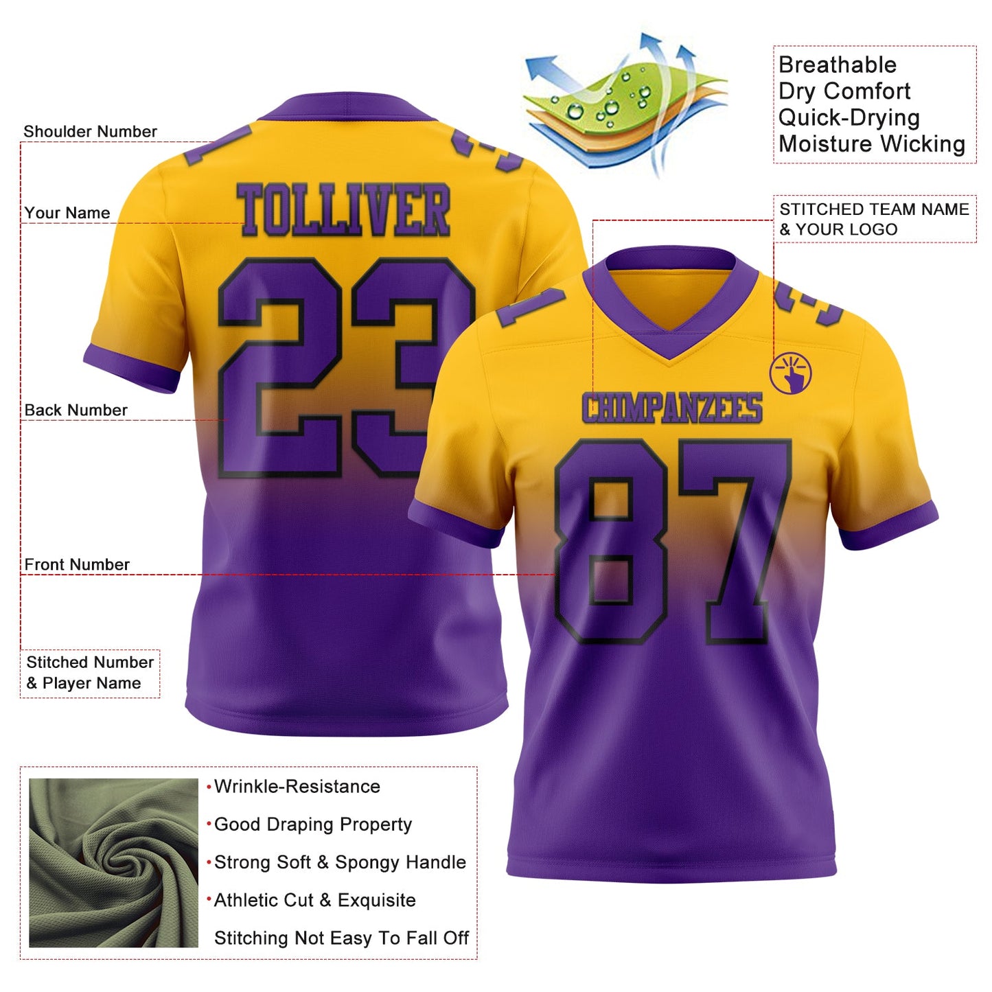 Custom Gold Purple-Black Authentic Fade Fashion Football Jersey view 2