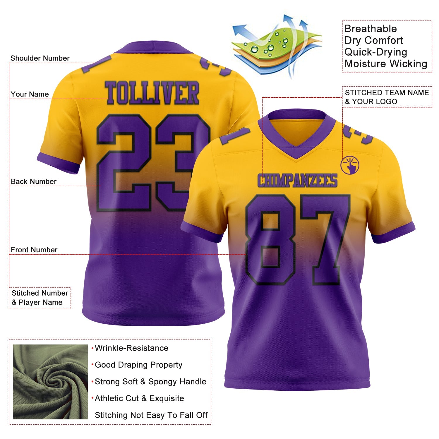 Custom Gold Purple-Black Authentic Fade Fashion Football Jersey view 2