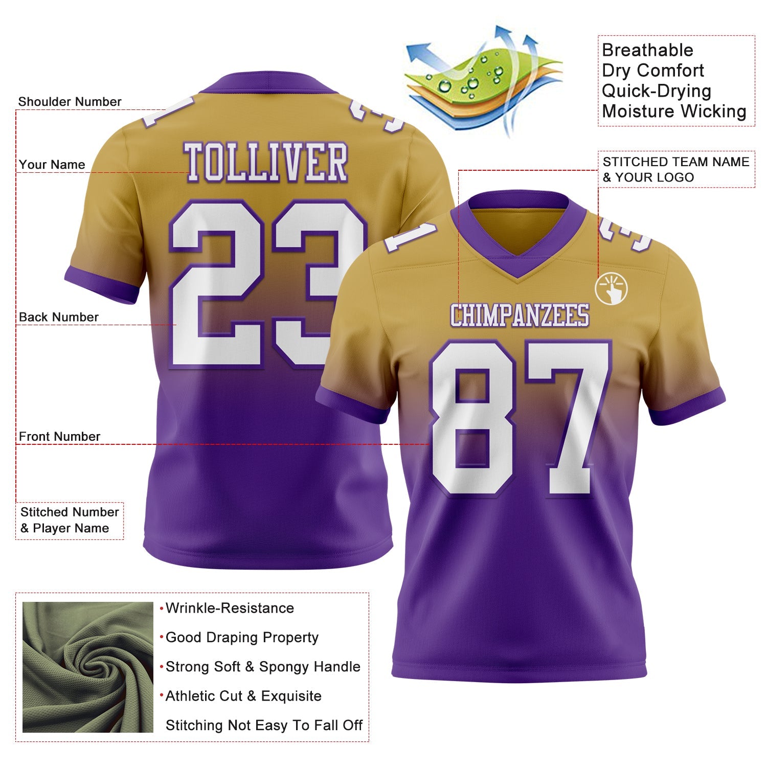 Custom Old Gold White-Purple Authentic Fade Fashion Football Jersey view 2