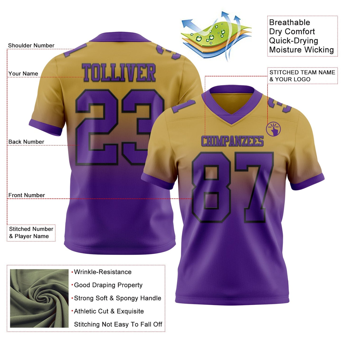 Custom Old Gold Purple-Black Authentic Fade Fashion Football Jersey view 2