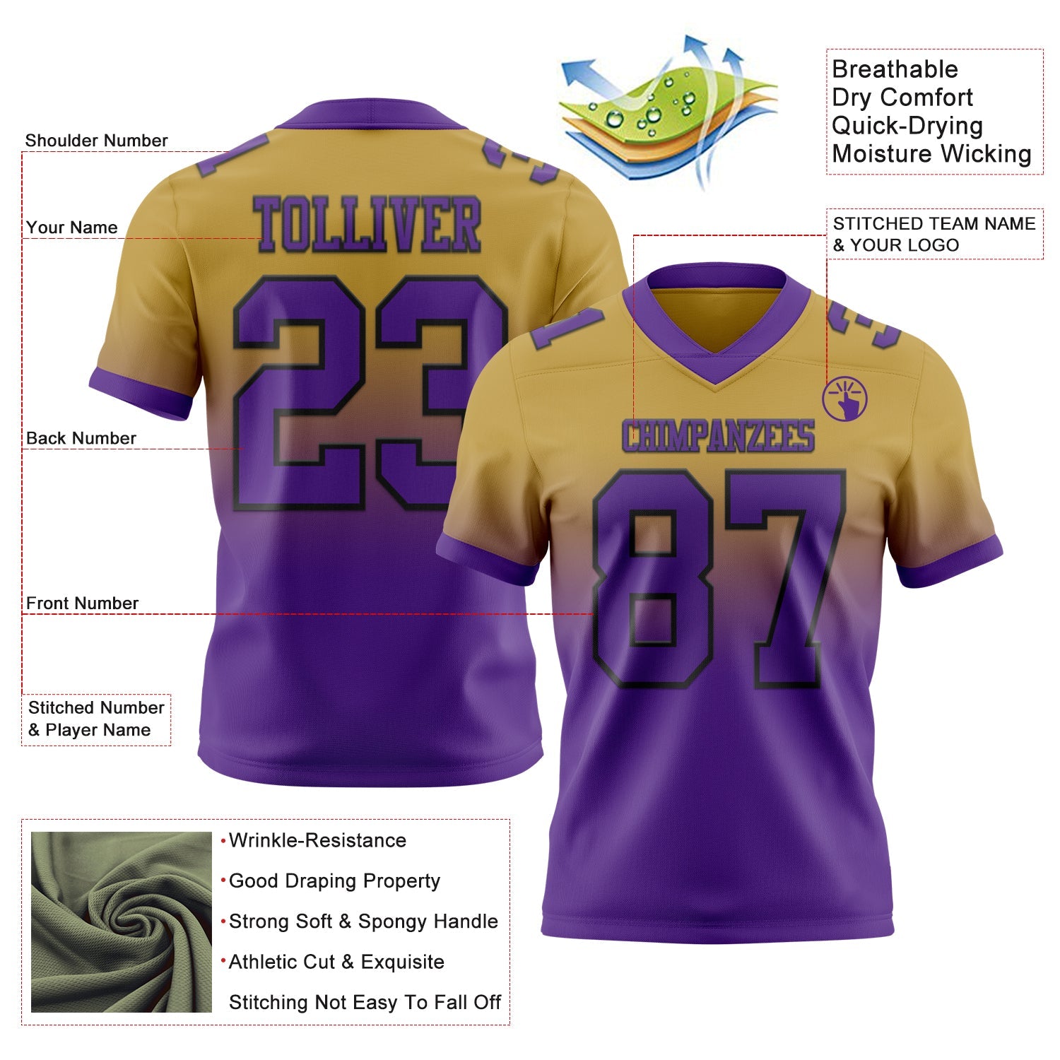 Custom Old Gold Purple-Black Authentic Fade Fashion Football Jersey view 2