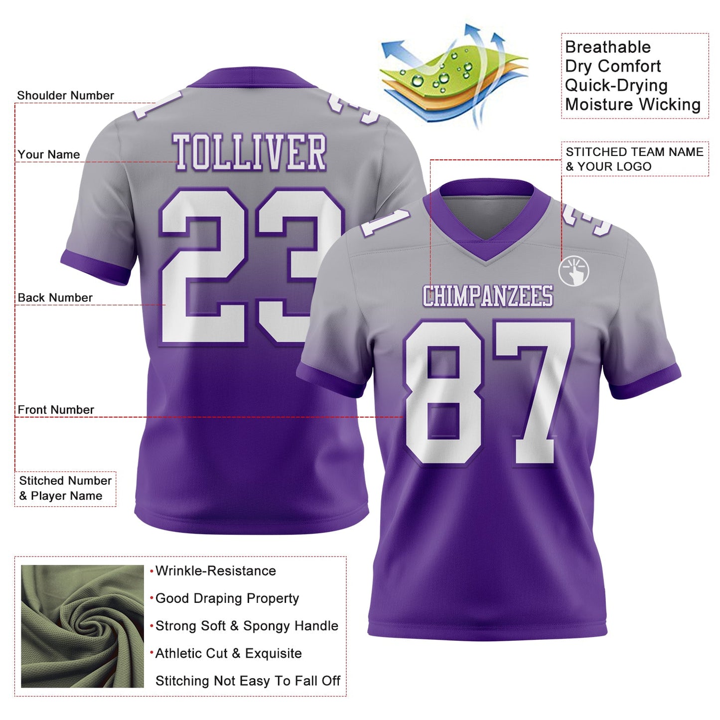 Custom Gray White-Purple Authentic Fade Fashion Football Jersey view 2