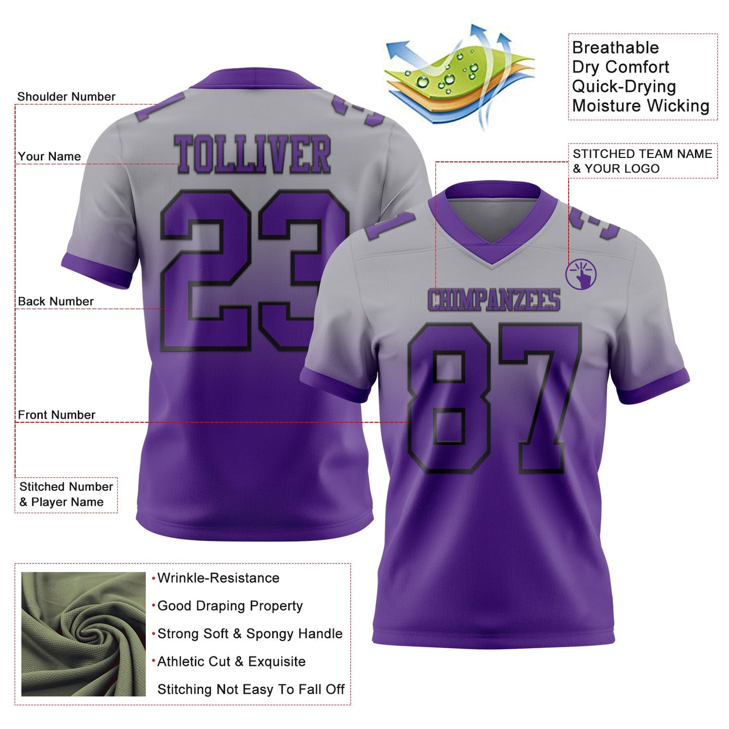 Custom Gray Purple-Black Authentic Fade Fashion Football Jersey view 2