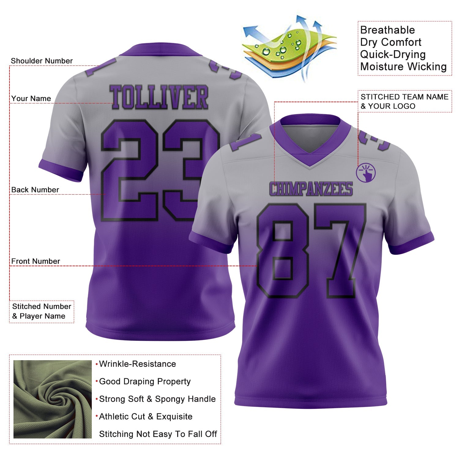 Custom Gray Purple-Black Authentic Fade Fashion Football Jersey view 2