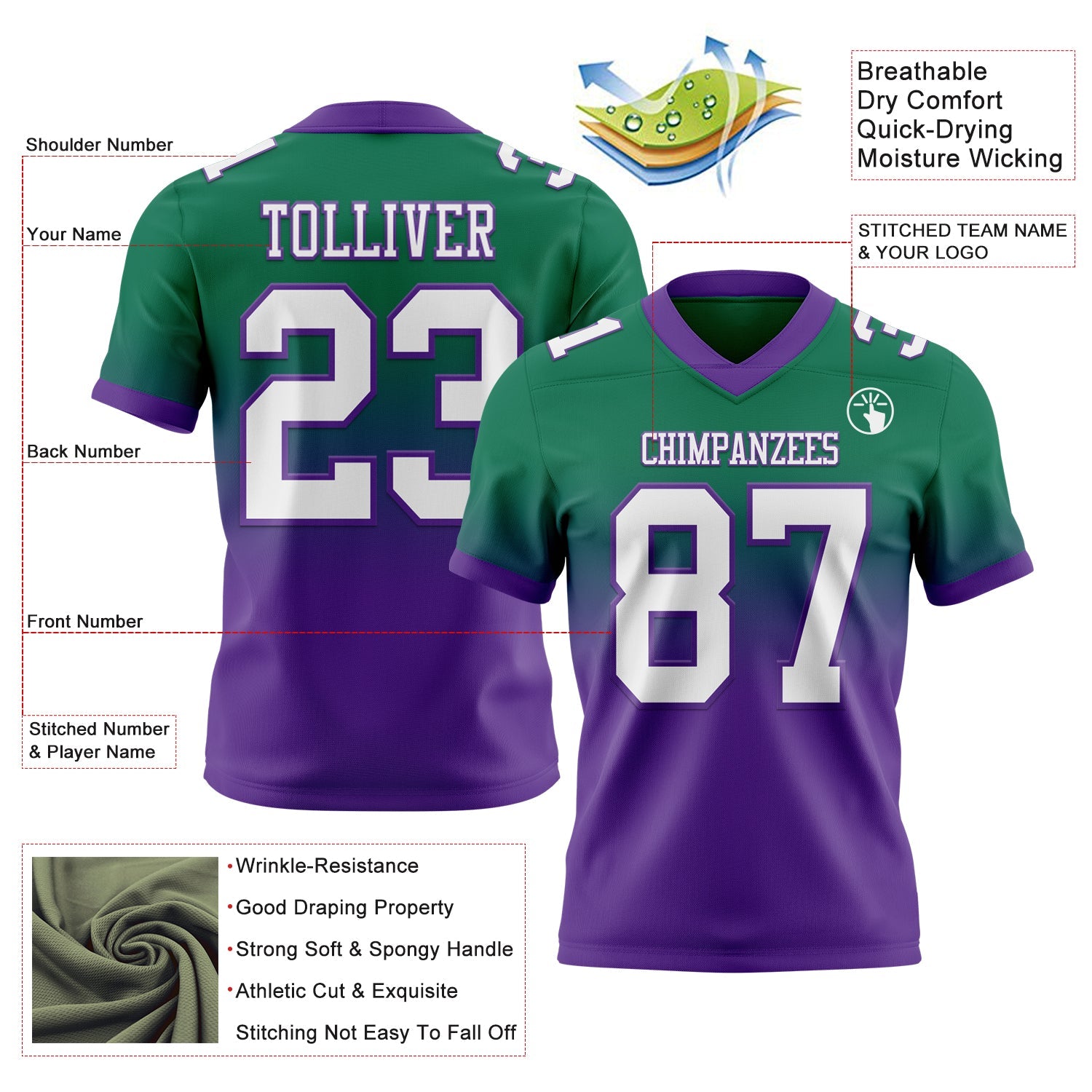 Custom Kelly Green White-Purple Authentic Fade Fashion Football Jersey view 2