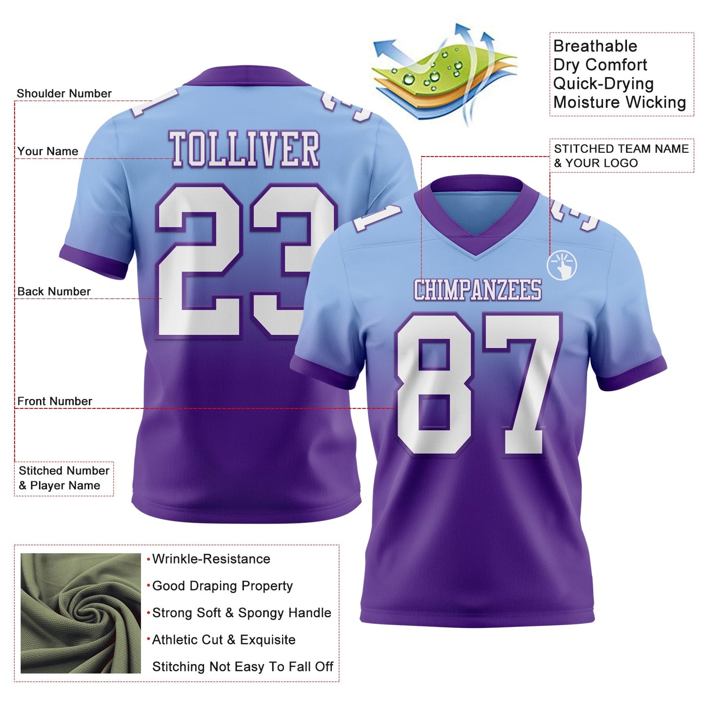 Custom Light Blue White-Purple Authentic Fade Fashion Football Jersey view 2