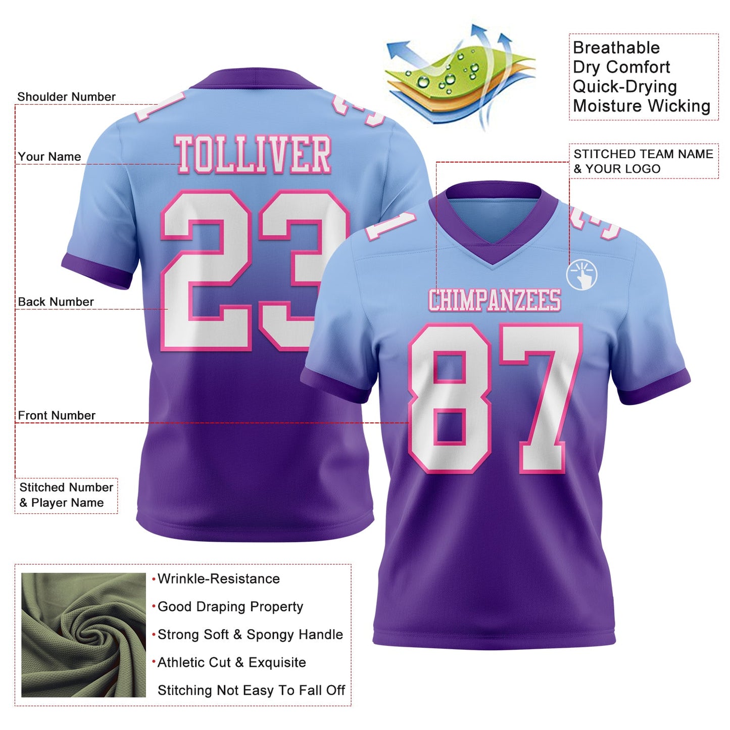 Custom Light Blue White Purple-Pink Authentic Fade Fashion Football Jersey view 2