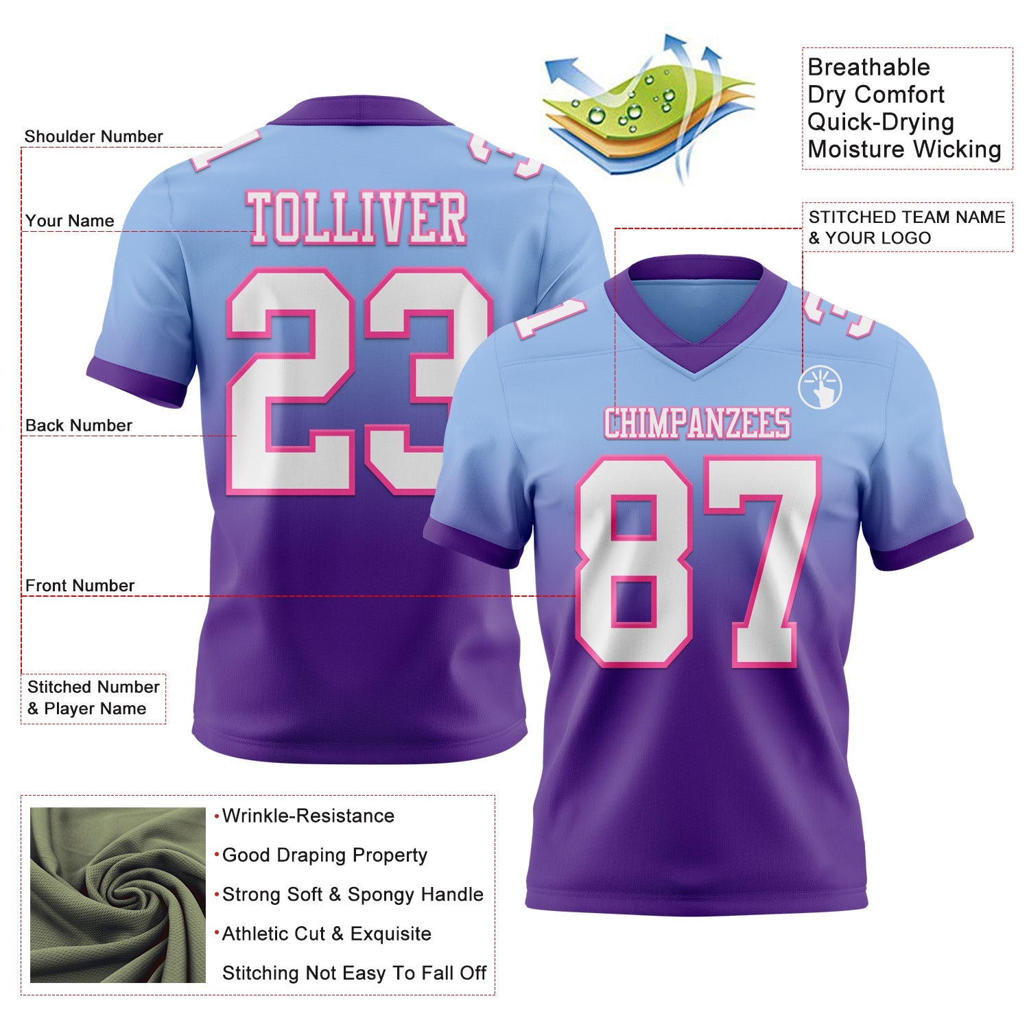 Custom Light Blue White Purple-Pink Authentic Fade Fashion Football Jersey view 2