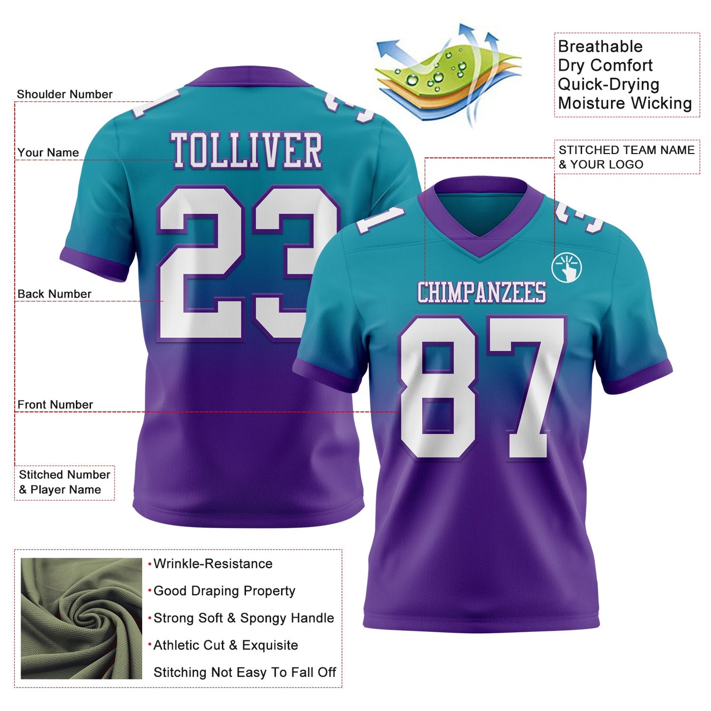 Custom Teal White-Purple Authentic Fade Fashion Football Jersey view 2