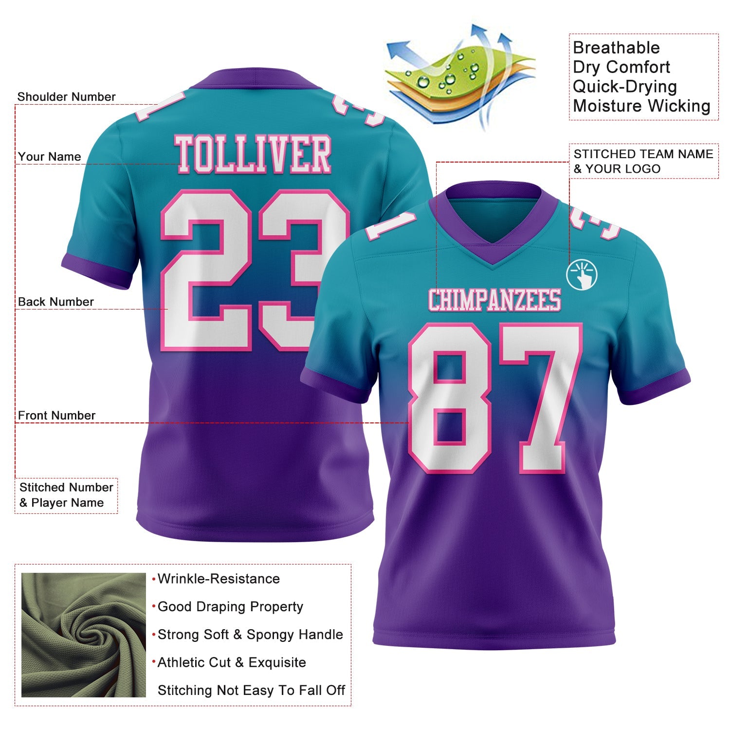 Custom Teal White Purple-Pink Authentic Fade Fashion Football Jersey view 2