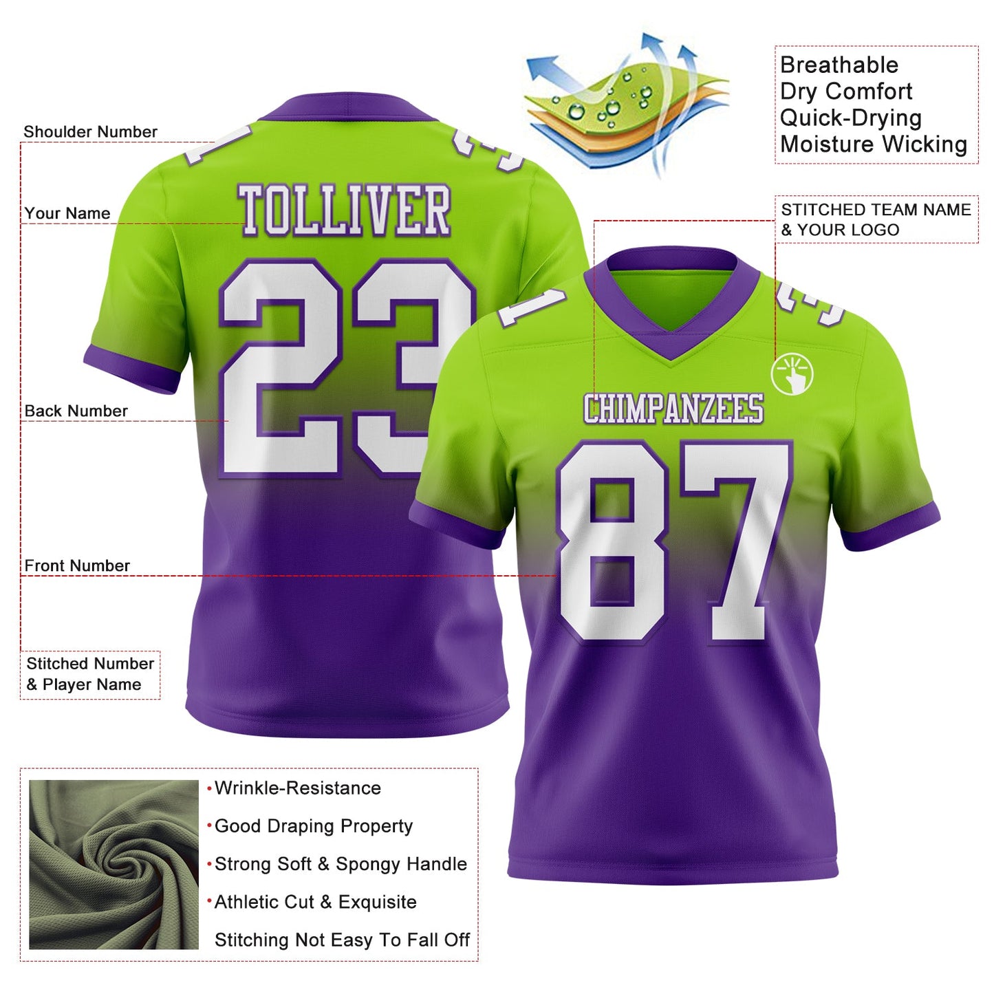Custom Neon Green White-Purple Authentic Fade Fashion Football Jersey view 2