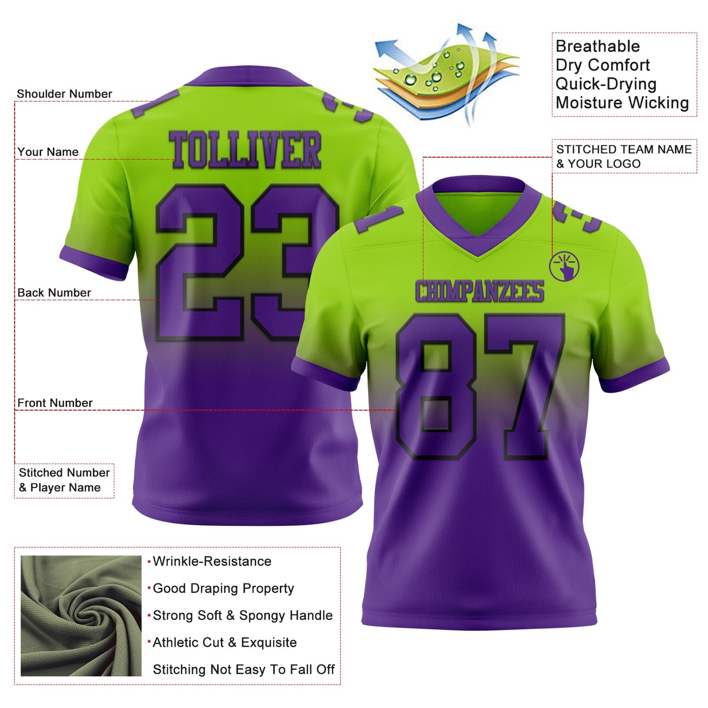 Custom Neon Green Purple-Black Authentic Fade Fashion Football Jersey view 2
