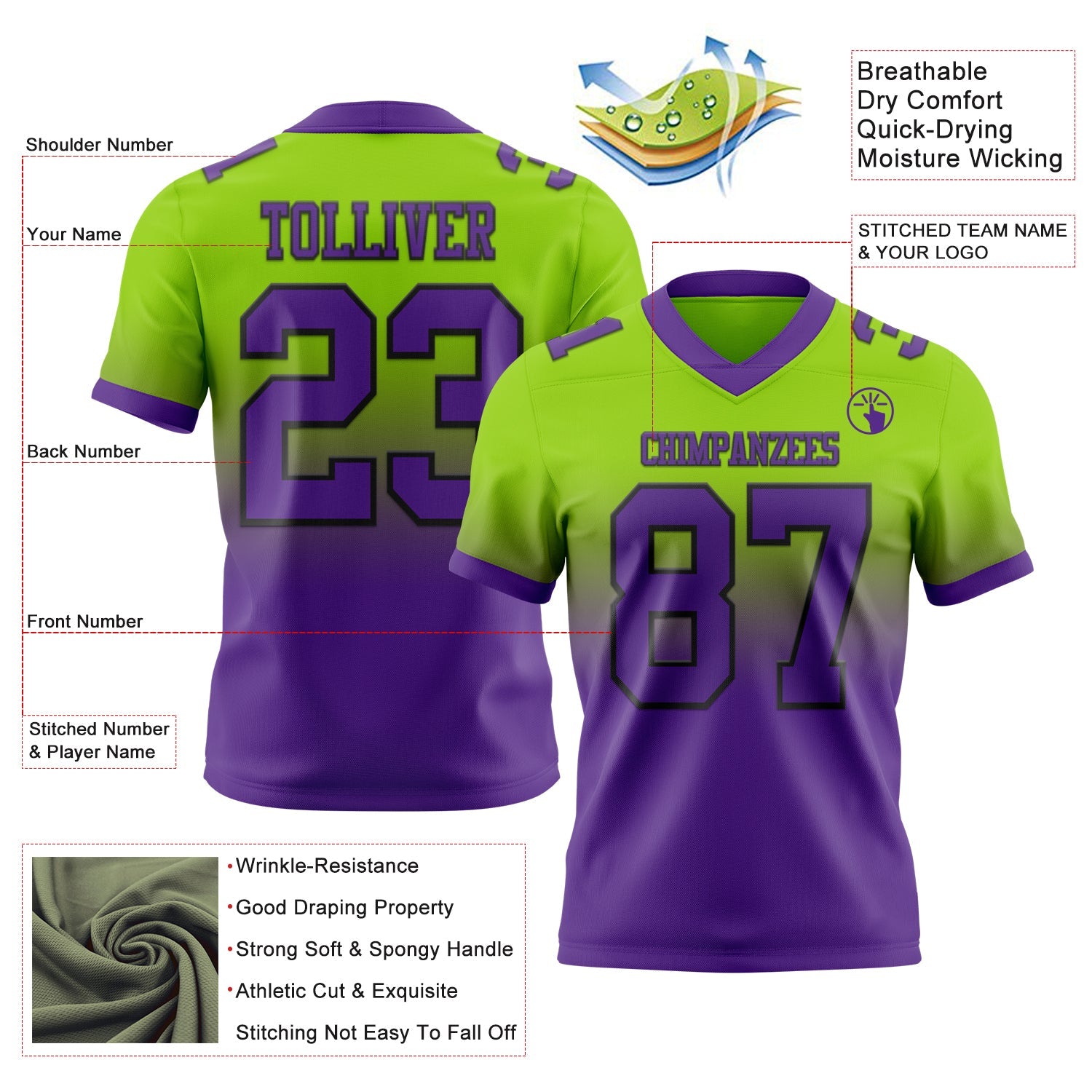 Custom Neon Green Purple-Black Authentic Fade Fashion Football Jersey view 2