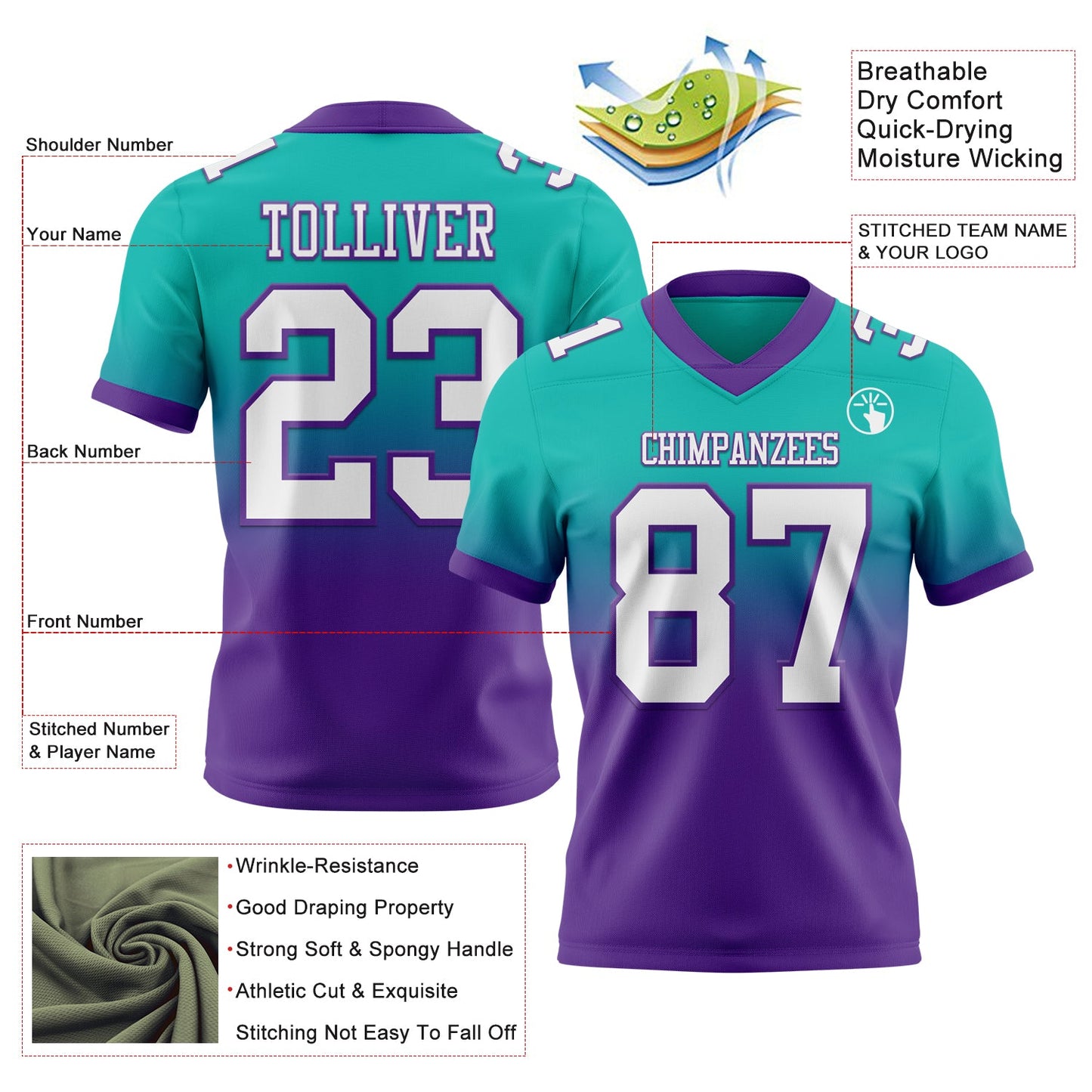Custom Aqua White-Purple Authentic Fade Fashion Football Jersey view 2