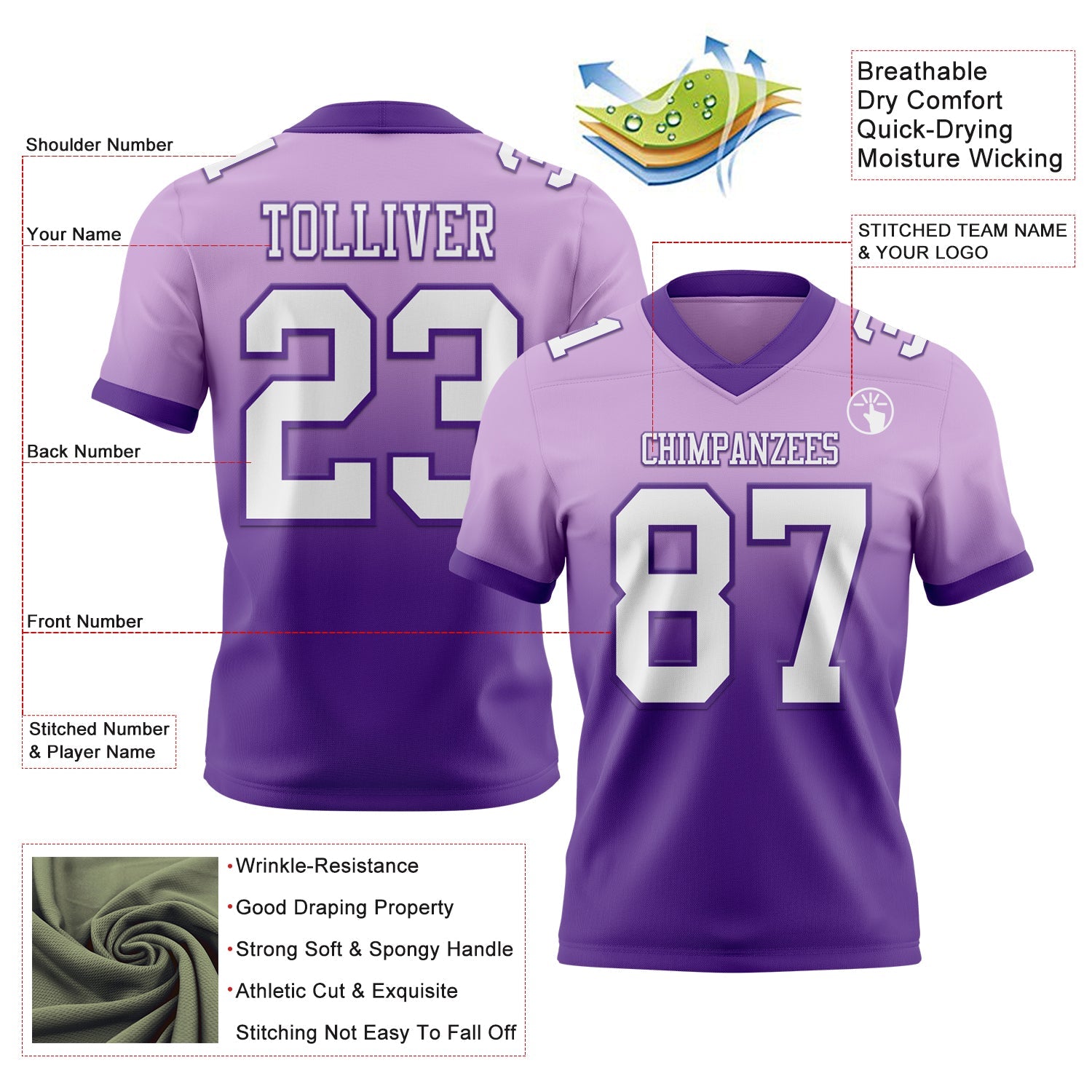 Custom Light Purple White-Purple Authentic Fade Fashion Football Jersey view 2