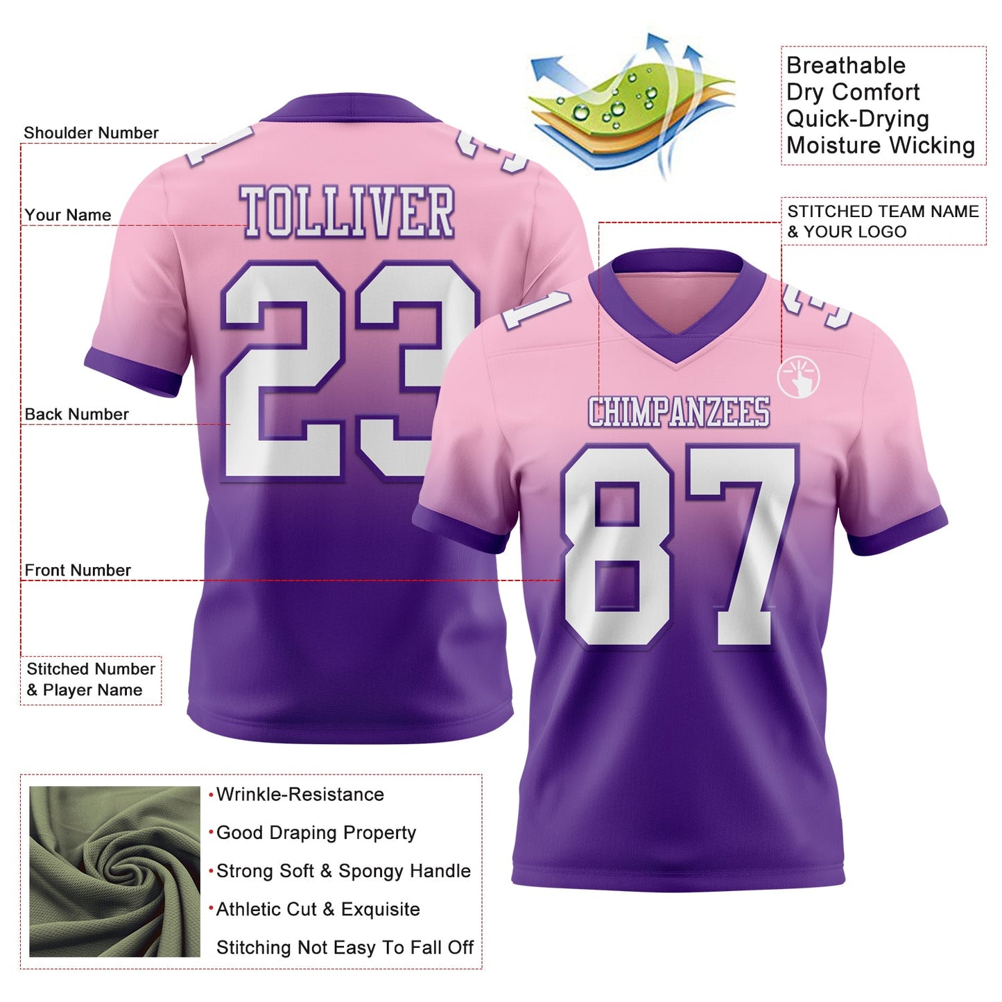Custom Light Pink White-Purple Authentic Fade Fashion Football Jersey view 2