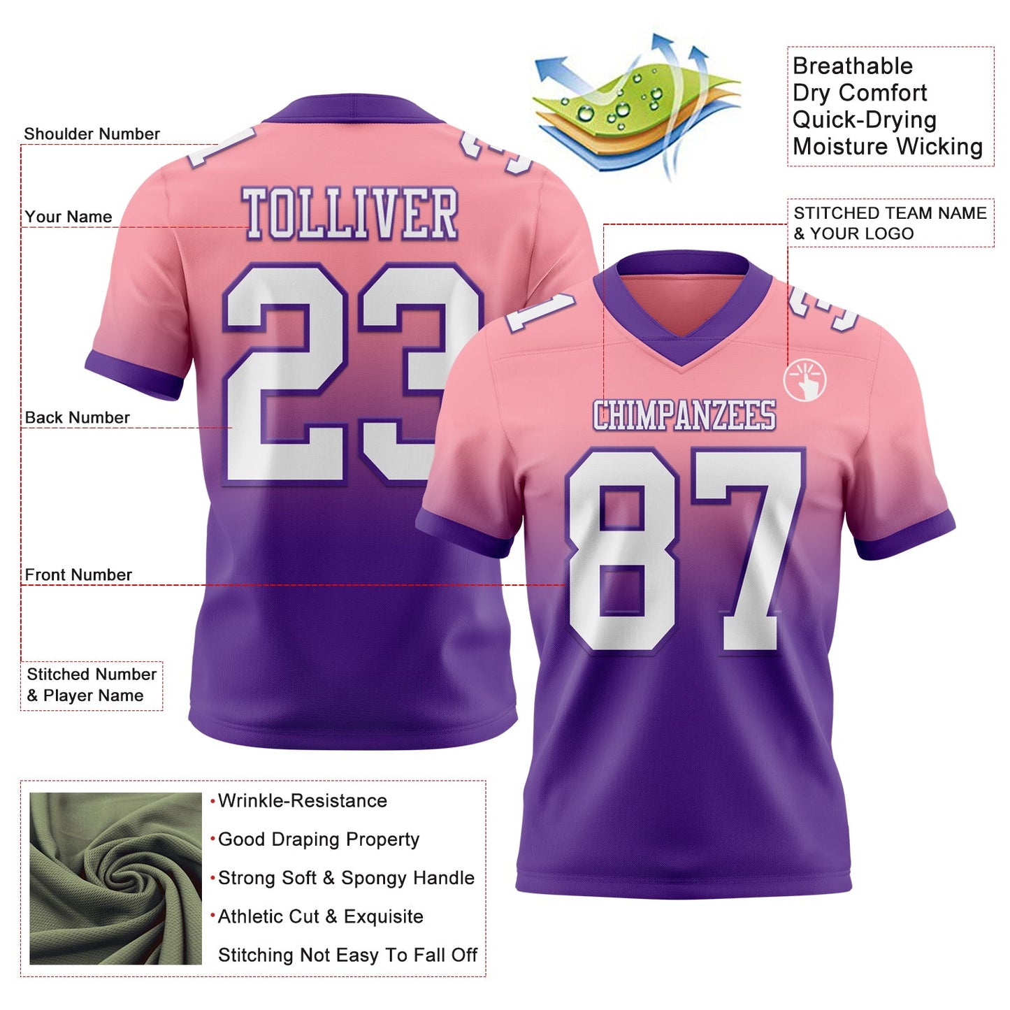 Custom Medium Pink White-Purple Authentic Fade Fashion Football Jersey view 2