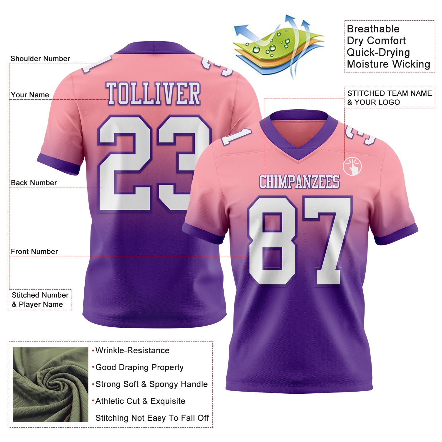 Custom Medium Pink White-Purple Authentic Fade Fashion Football Jersey view 2