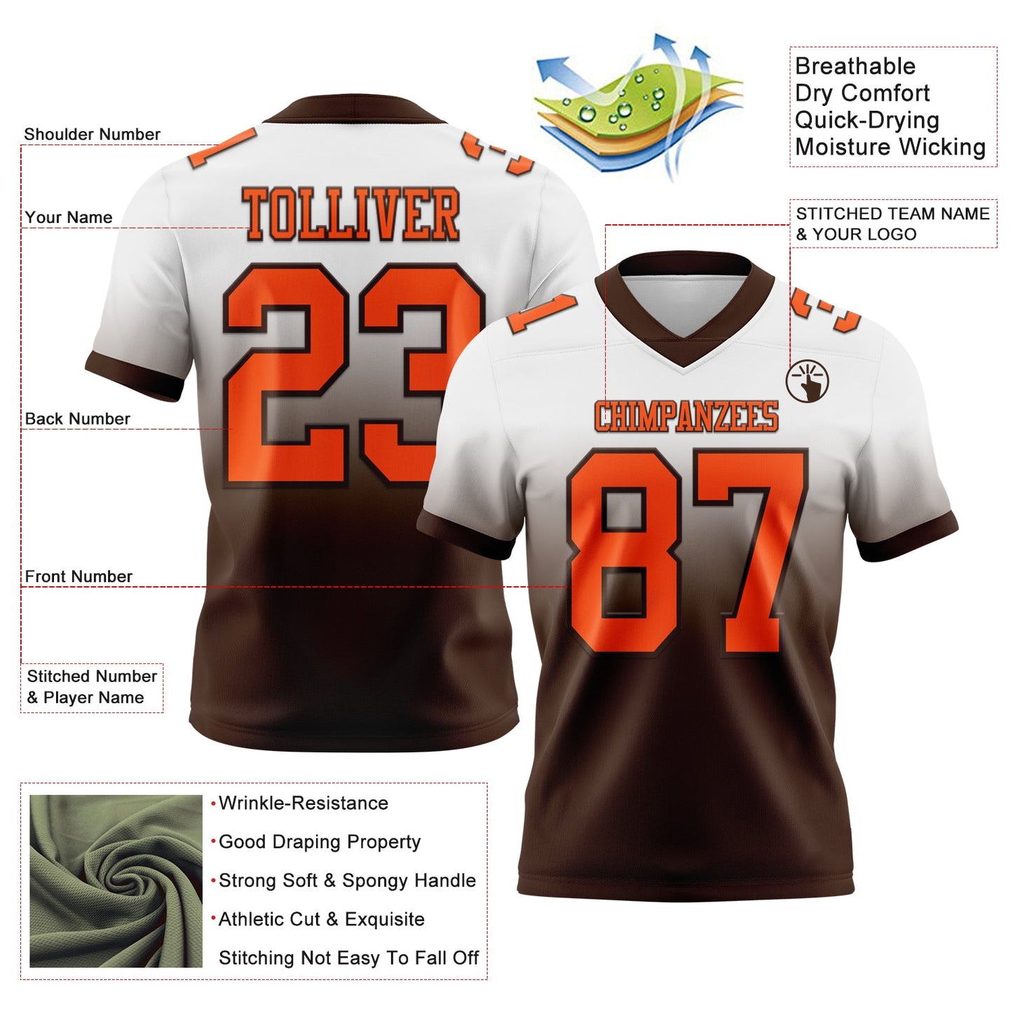 Custom White Orange-Brown Authentic Fade Fashion Football Jersey view 2