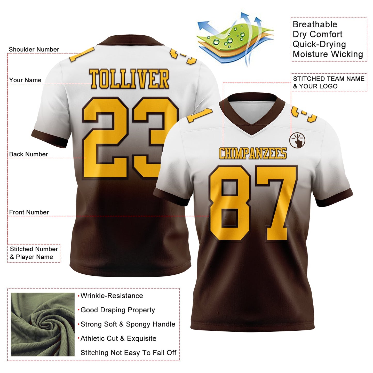 Custom White Gold-Brown Authentic Fade Fashion Football Jersey view 2