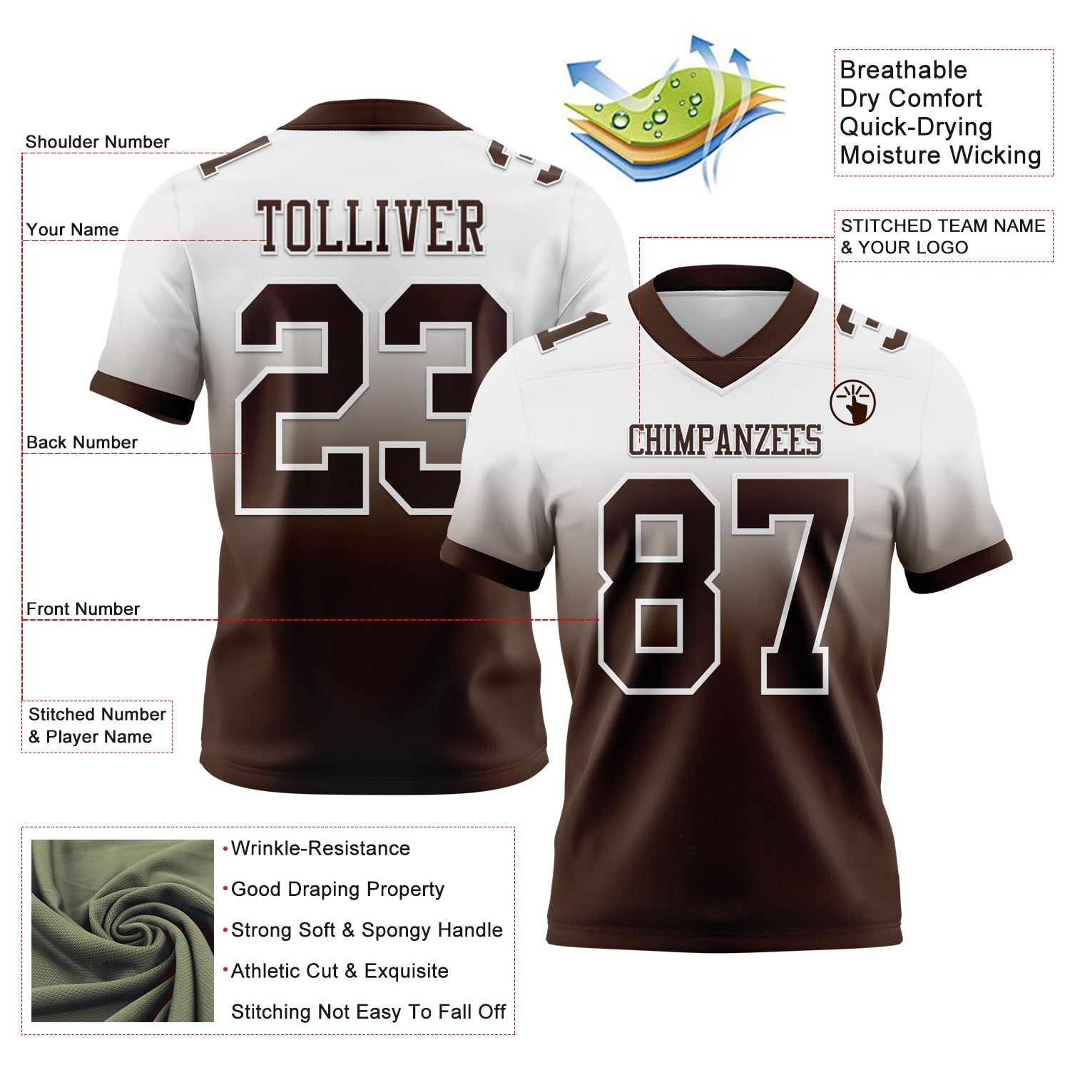 Custom White Brown Authentic Fade Fashion Football Jersey view 2