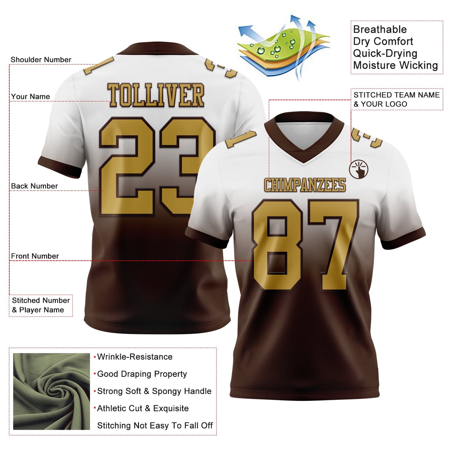Custom White Old Gold-Brown Authentic Fade Fashion Football Jersey view 2