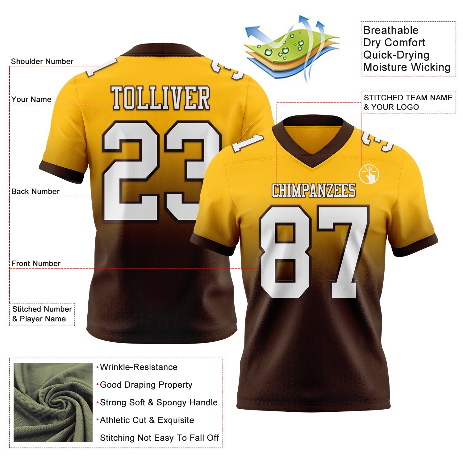 Custom Gold White-Brown Authentic Fade Fashion Football Jersey view 2