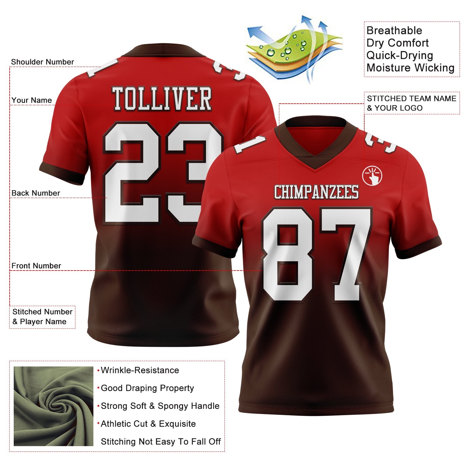 Custom Red White-Brown Authentic Fade Fashion Football Jersey view 2