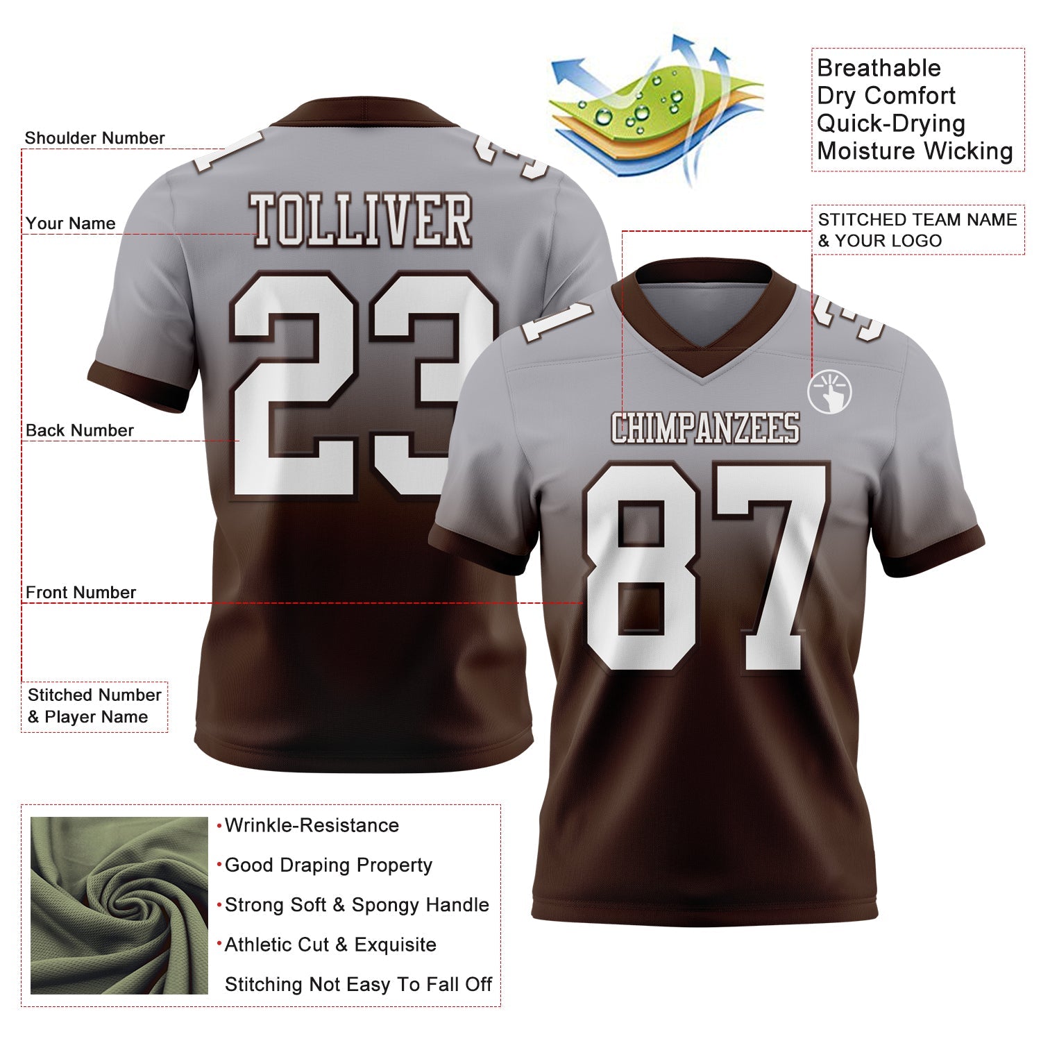 Custom Gray White-Brown Authentic Fade Fashion Football Jersey view 2