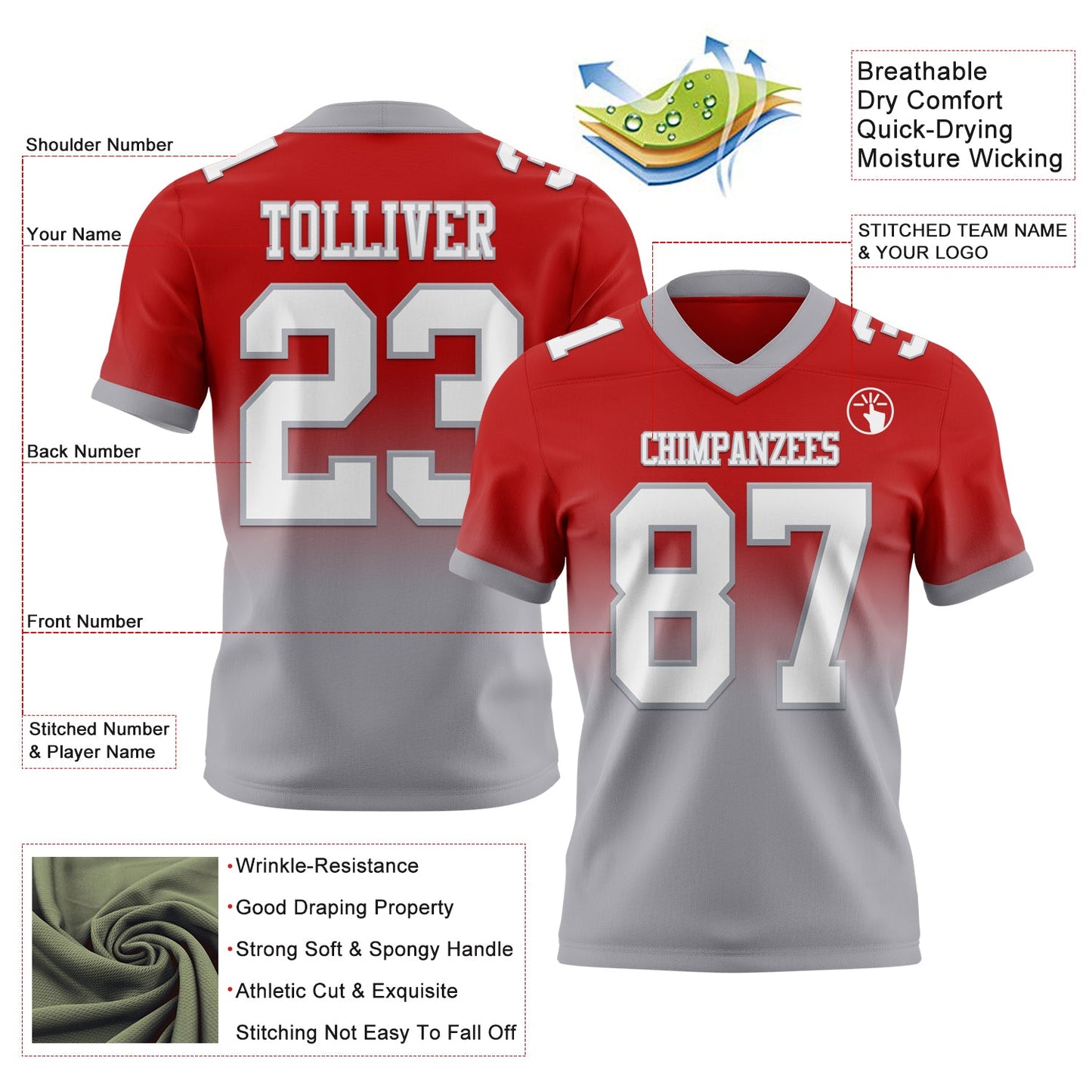 Custom Red White-Gray Authentic Fade Fashion Football Jersey view 2