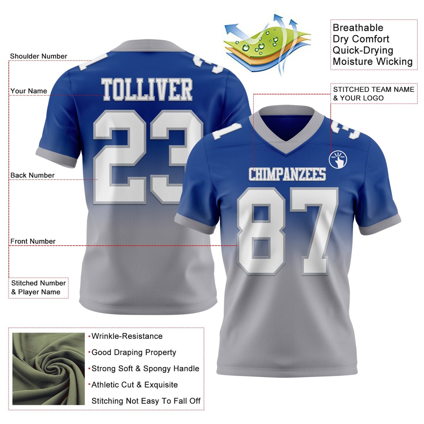 Custom Royal White-Gray Authentic Fade Fashion Football Jersey view 2