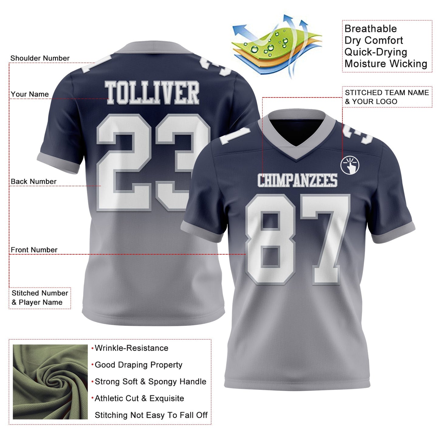 Custom Navy White-Gray Authentic Fade Fashion Football Jersey view 2