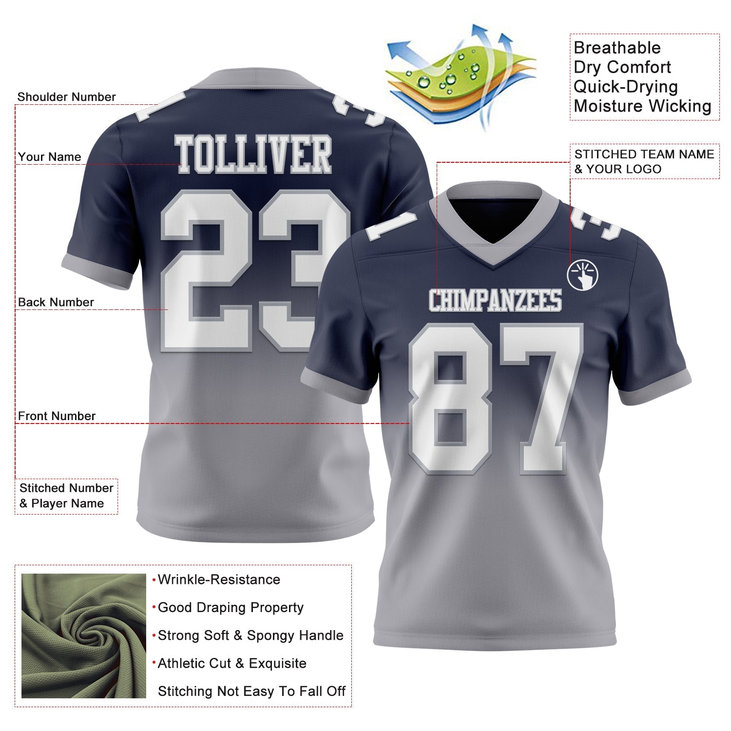 Custom Navy White-Gray Authentic Fade Fashion Football Jersey view 2